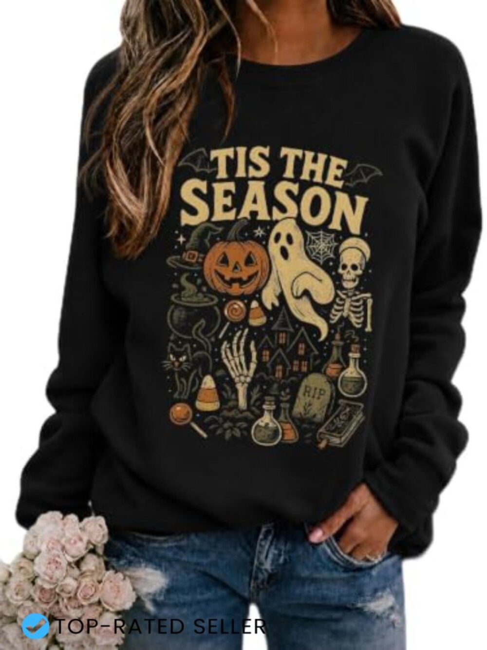 Women's Halloween Ghost Pumpkin Crew Neck Long Sleeve Cotton Blend Graphic